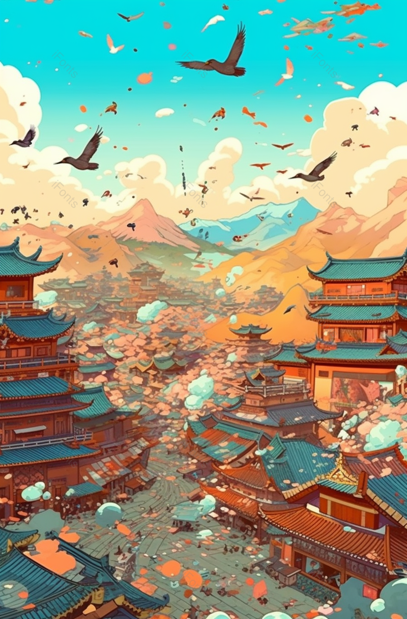 长安街道集市手绘红色渐变国潮风青山故宫远山仙鹤祥云,插画/手绘图,插画/手绘图库,插画/手绘图下载,插画/手绘